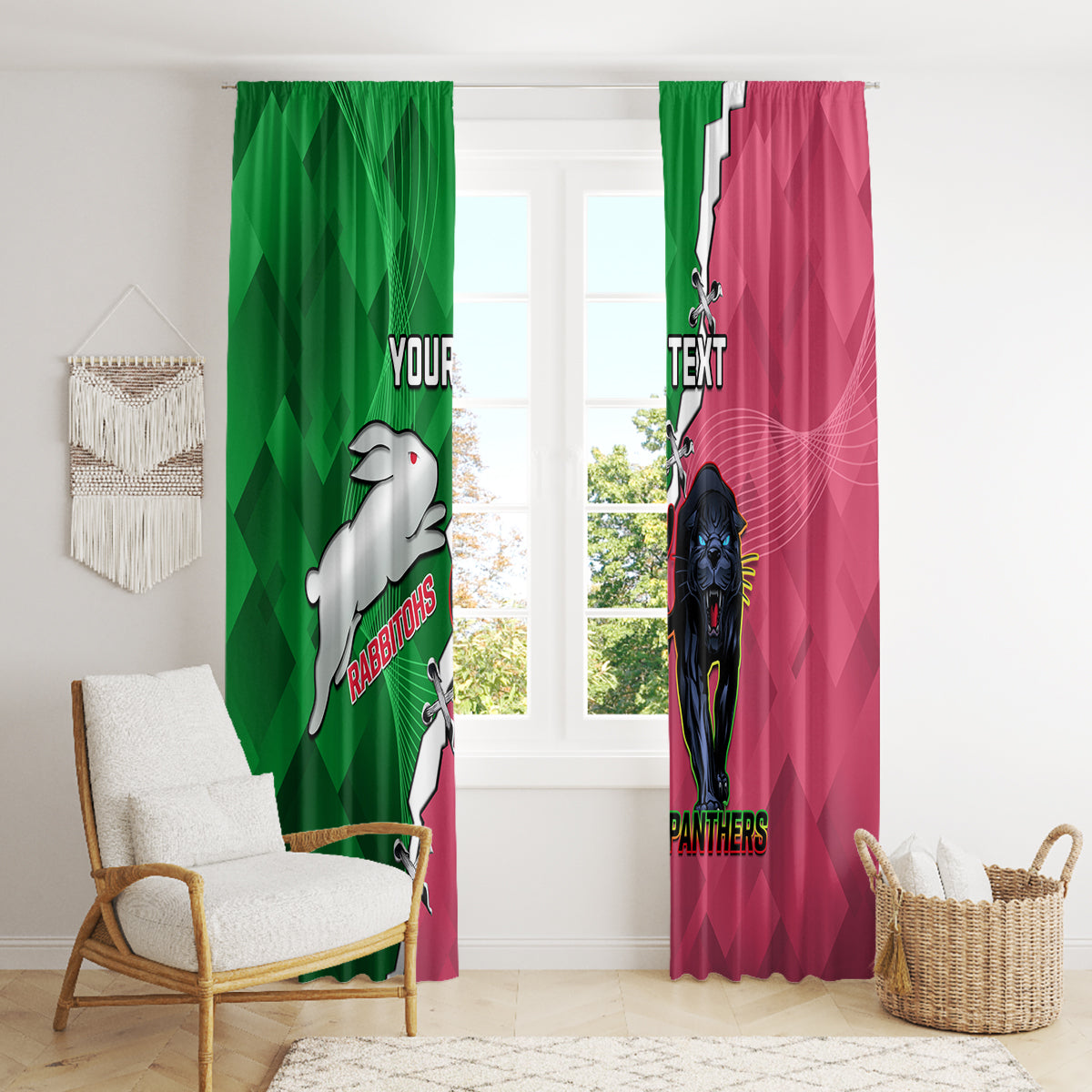 Personalised Panthers And Rabbitohs Rugby Window Curtain 2024 Souths The Riff Together