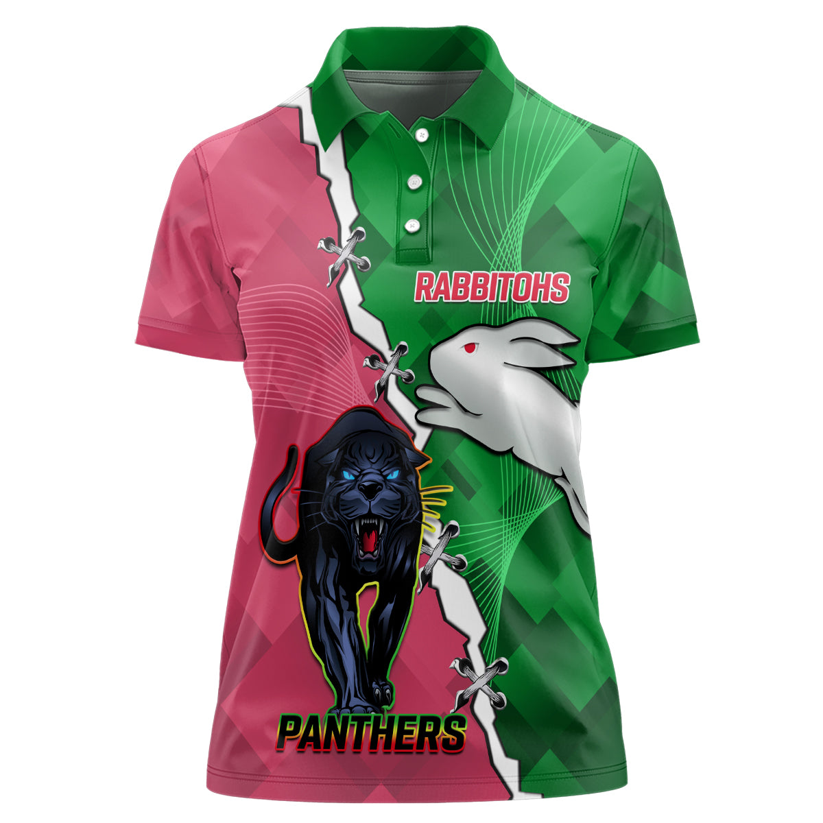 Personalised Panthers And Rabbitohs Rugby Women Polo Shirt 2024 Souths The Riff Together