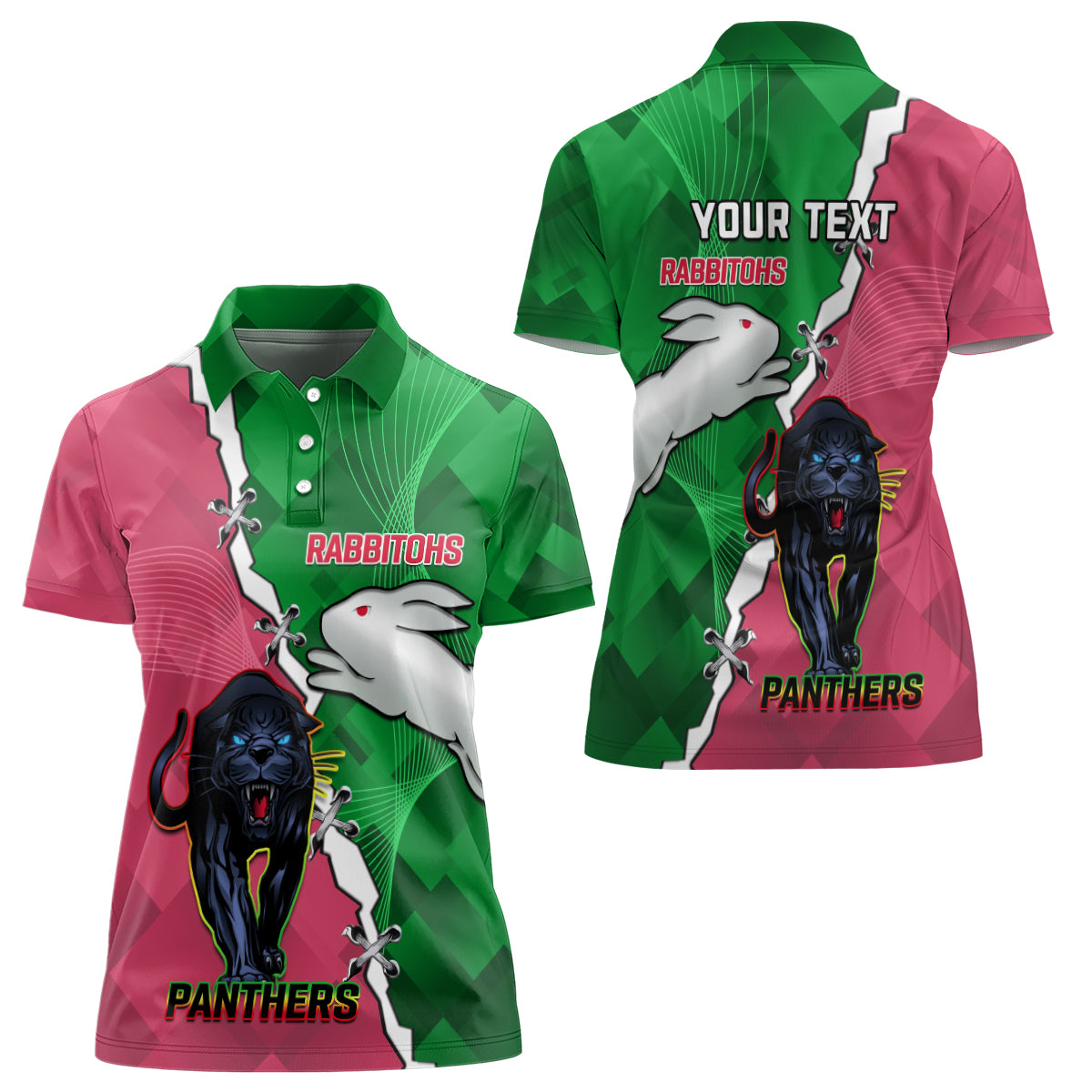 Personalised Panthers And Rabbitohs Rugby Women Polo Shirt 2024 Souths The Riff Together