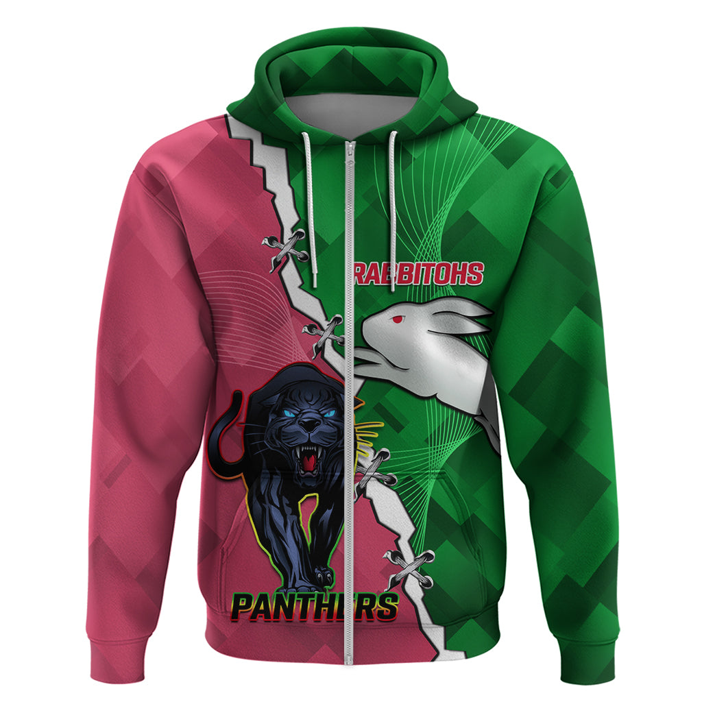 Personalised Panthers And Rabbitohs Rugby Zip Hoodie 2024 Souths The Riff Together