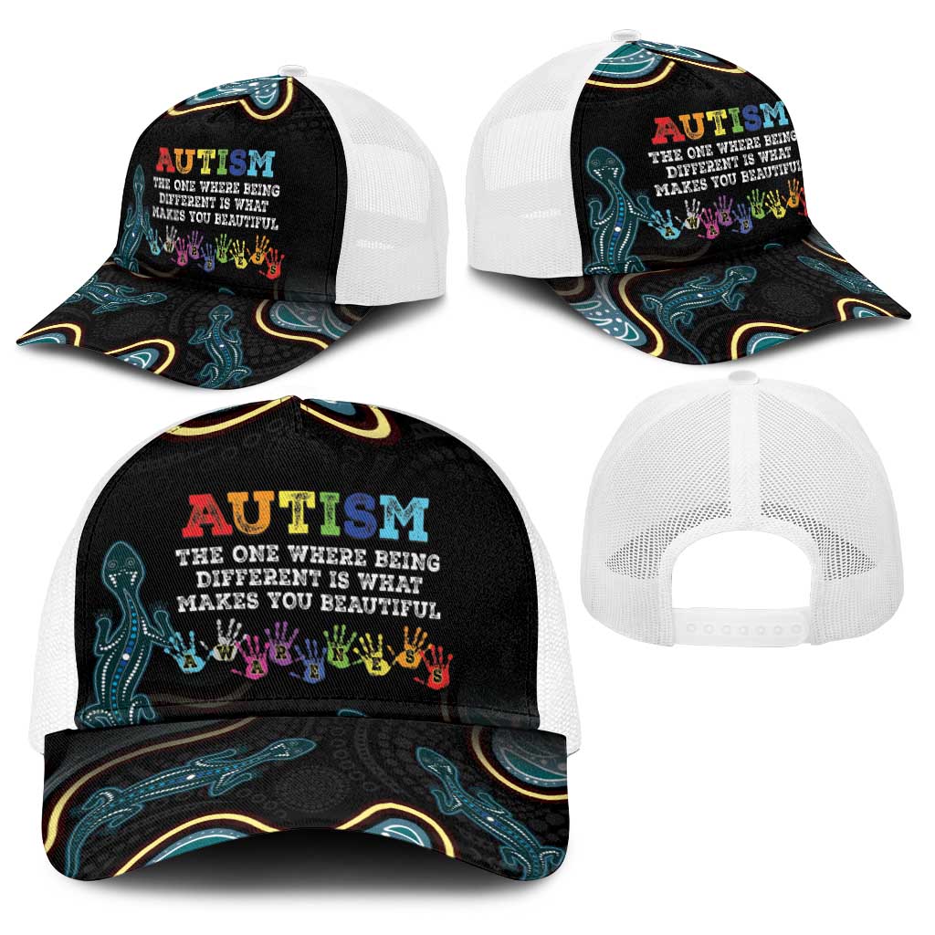 Australia Autism Awareness Baseball Net Cap 2 April Aboriginal Lizard - Aussie Hoodie