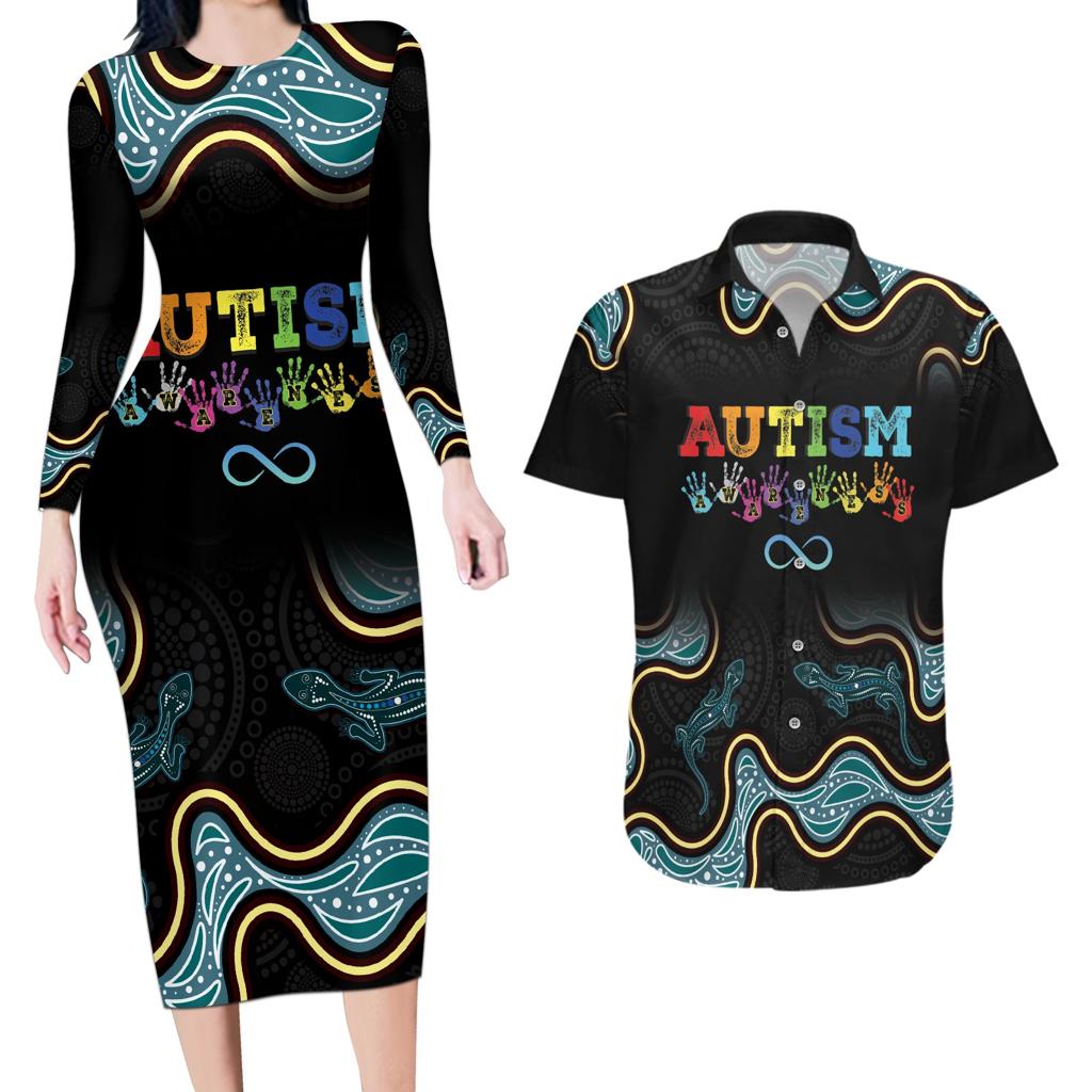Australia Autism Awareness 4 April Aboriginal Lizard Couples Matching Long Sleeve Bodycon Dress and Hawaiian Shirt