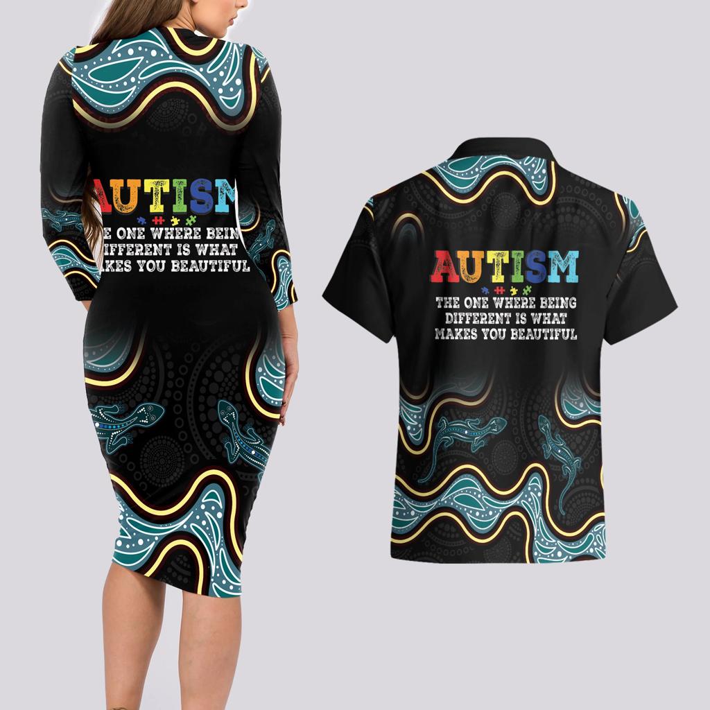 Australia Autism Awareness 4 April Aboriginal Lizard Couples Matching Long Sleeve Bodycon Dress and Hawaiian Shirt