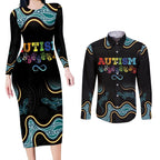 Australia Autism Awareness 4 April Aboriginal Lizard Couples Matching Long Sleeve Bodycon Dress and Long Sleeve Button Shirt