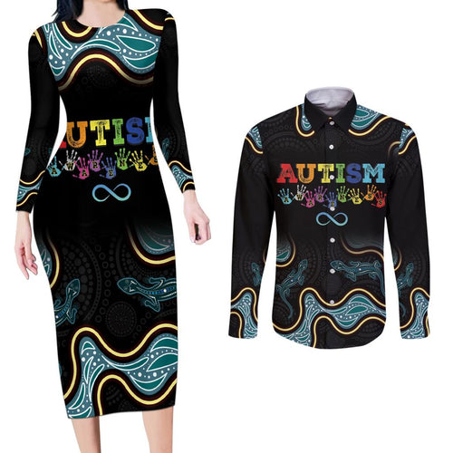 Australia Autism Awareness 4 April Aboriginal Lizard Couples Matching Long Sleeve Bodycon Dress and Long Sleeve Button Shirt