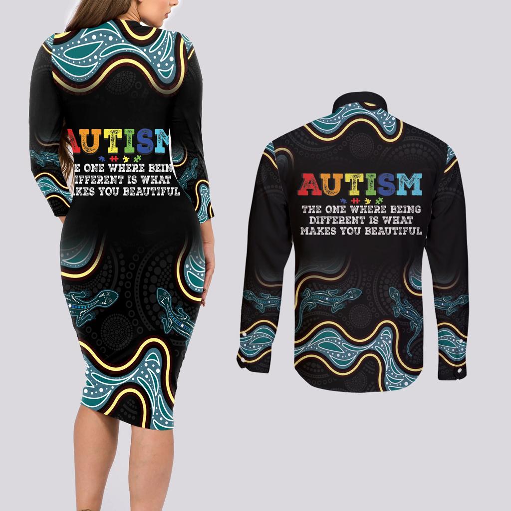 Australia Autism Awareness 4 April Aboriginal Lizard Couples Matching Long Sleeve Bodycon Dress and Long Sleeve Button Shirt