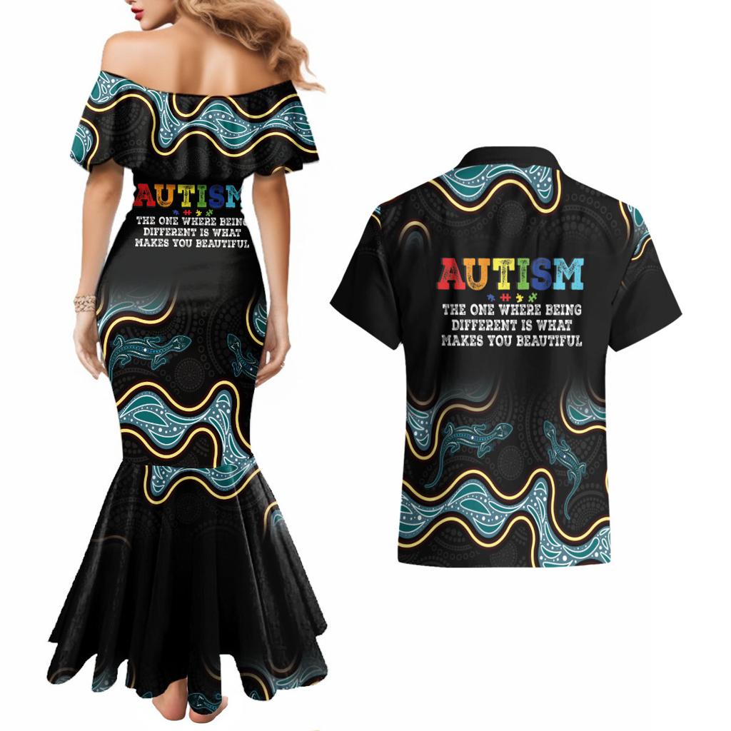 Australia Autism Awareness 4 April Aboriginal Lizard Couples Matching Mermaid Dress and Hawaiian Shirt