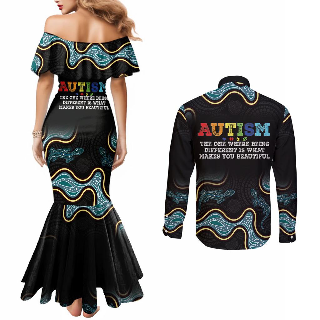 Australia Autism Awareness 4 April Aboriginal Lizard Couples Matching Mermaid Dress and Long Sleeve Button Shirt