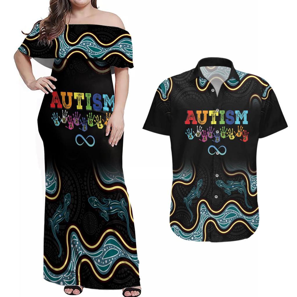 Australia Autism Awareness 4 April Aboriginal Lizard Couples Matching Off Shoulder Maxi Dress and Hawaiian Shirt