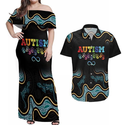 Australia Autism Awareness 4 April Aboriginal Lizard Couples Matching Off Shoulder Maxi Dress and Hawaiian Shirt