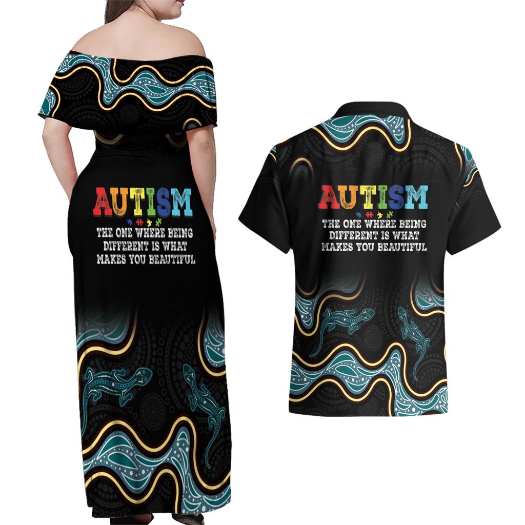 Australia Autism Awareness 4 April Aboriginal Lizard Couples Matching Off Shoulder Maxi Dress and Hawaiian Shirt