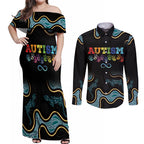 Australia Autism Awareness 4 April Aboriginal Lizard Couples Matching Off Shoulder Maxi Dress and Long Sleeve Button Shirt