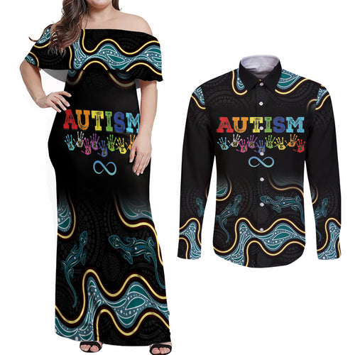 Australia Autism Awareness 4 April Aboriginal Lizard Couples Matching Off Shoulder Maxi Dress and Long Sleeve Button Shirt