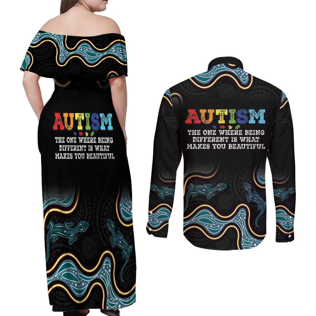 Australia Autism Awareness 4 April Aboriginal Lizard Couples Matching Off Shoulder Maxi Dress and Long Sleeve Button Shirt