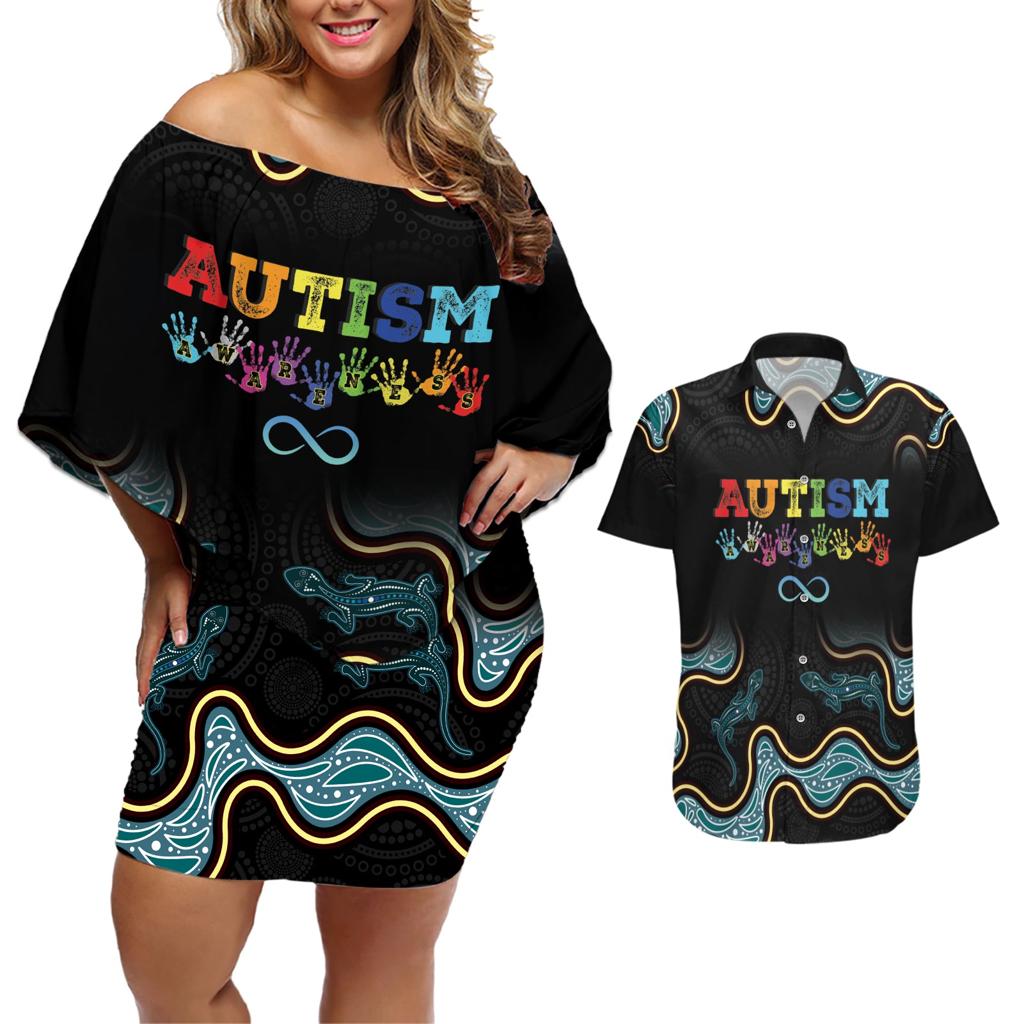 Australia Autism Awareness 4 April Aboriginal Lizard Couples Matching Off Shoulder Short Dress and Hawaiian Shirt