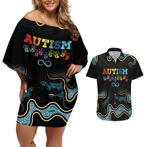 Australia Autism Awareness 4 April Aboriginal Lizard Couples Matching Off Shoulder Short Dress and Hawaiian Shirt