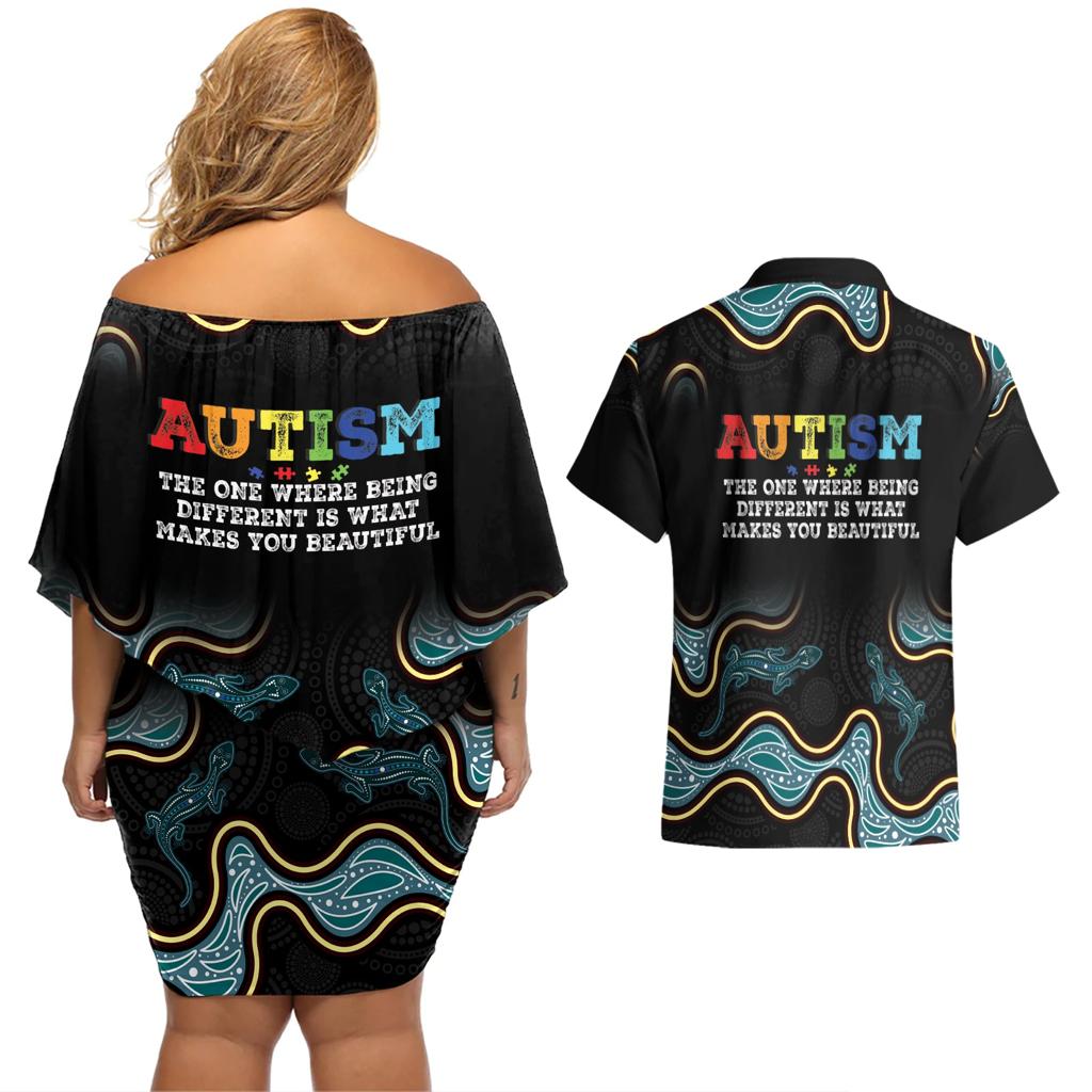 Australia Autism Awareness 4 April Aboriginal Lizard Couples Matching Off Shoulder Short Dress and Hawaiian Shirt