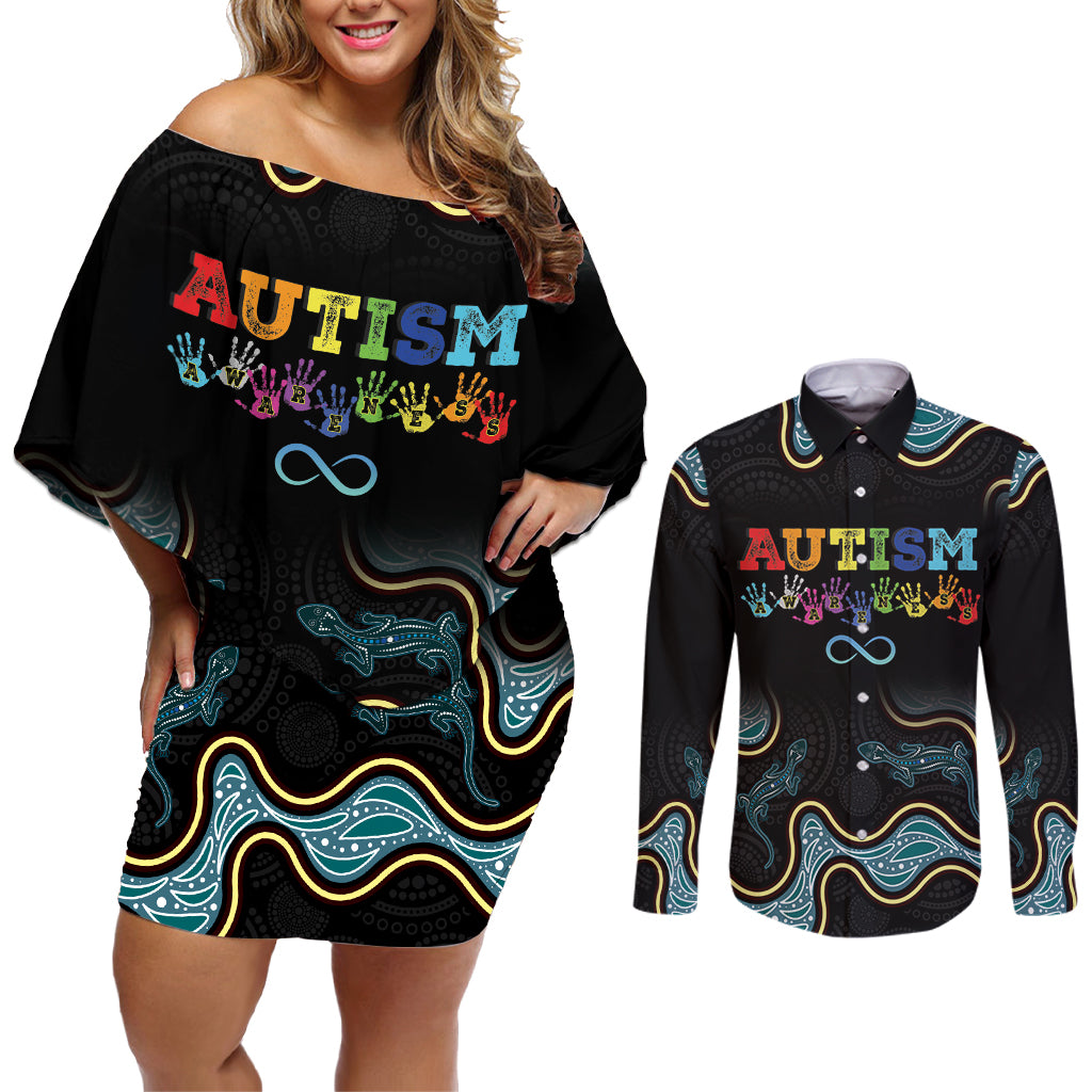 Australia Autism Awareness 4 April Aboriginal Lizard Couples Matching Off Shoulder Short Dress and Long Sleeve Button Shirt