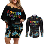 Australia Autism Awareness 4 April Aboriginal Lizard Couples Matching Off Shoulder Short Dress and Long Sleeve Button Shirt