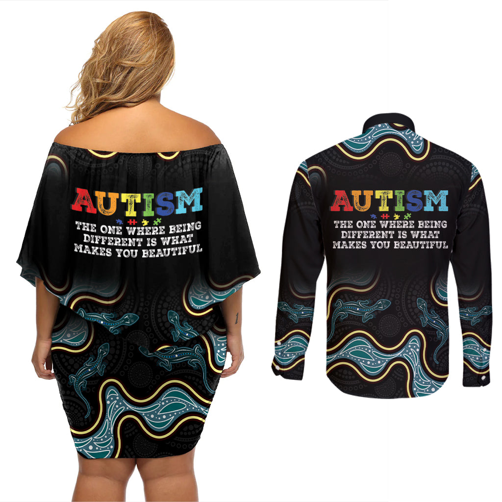 Australia Autism Awareness 4 April Aboriginal Lizard Couples Matching Off Shoulder Short Dress and Long Sleeve Button Shirt