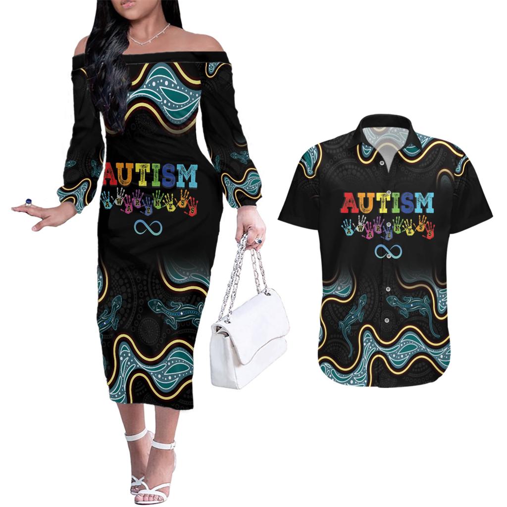 Australia Autism Awareness 4 April Aboriginal Lizard Couples Matching Off The Shoulder Long Sleeve Dress and Hawaiian Shirt