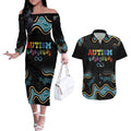 Australia Autism Awareness 4 April Aboriginal Lizard Couples Matching Off The Shoulder Long Sleeve Dress and Hawaiian Shirt