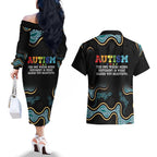 Australia Autism Awareness 4 April Aboriginal Lizard Couples Matching Off The Shoulder Long Sleeve Dress and Hawaiian Shirt
