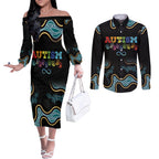 Australia Autism Awareness 4 April Aboriginal Lizard Couples Matching Off The Shoulder Long Sleeve Dress and Long Sleeve Button Shirt