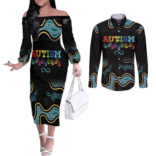 Australia Autism Awareness 4 April Aboriginal Lizard Couples Matching Off The Shoulder Long Sleeve Dress and Long Sleeve Button Shirt