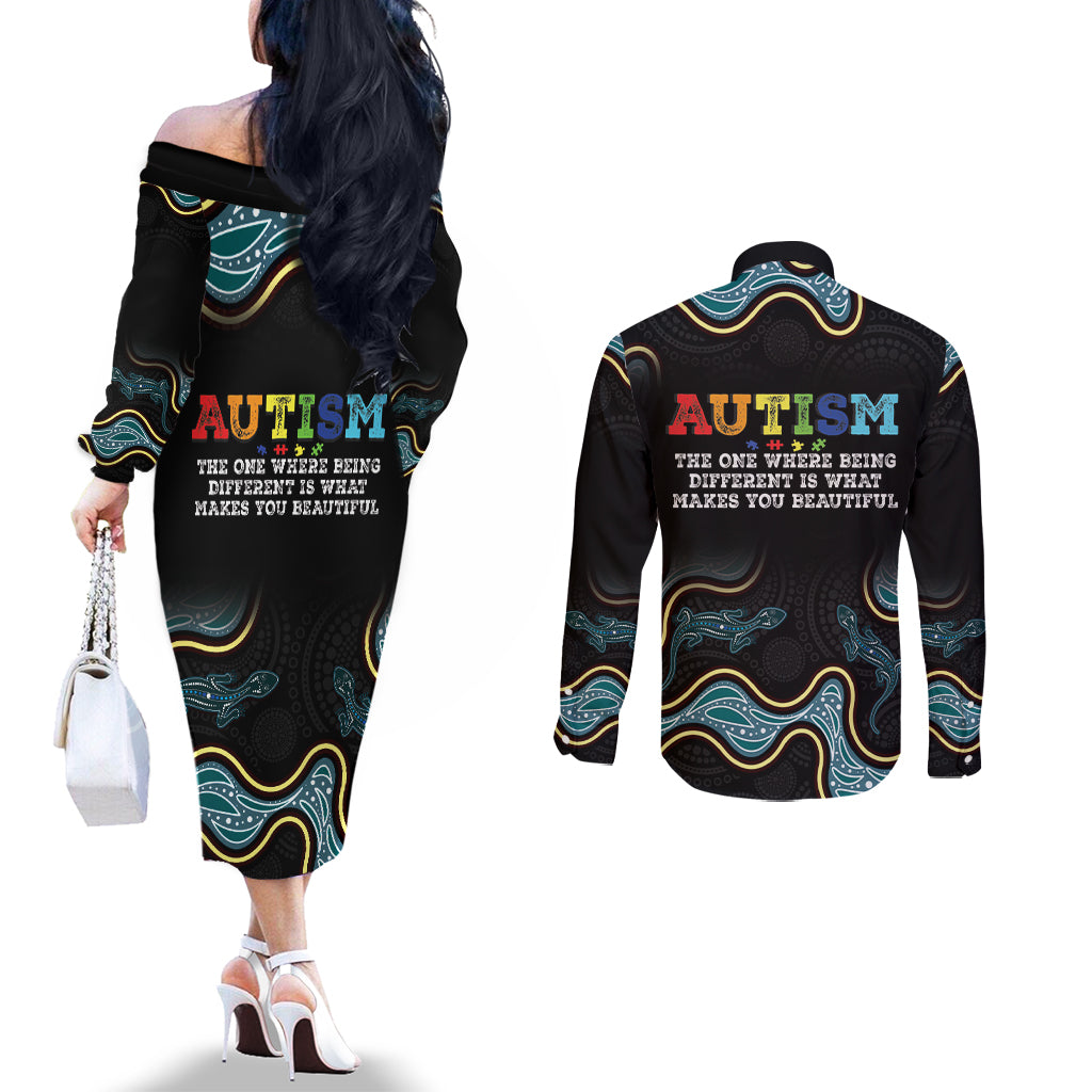 Australia Autism Awareness 4 April Aboriginal Lizard Couples Matching Off The Shoulder Long Sleeve Dress and Long Sleeve Button Shirt