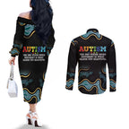 Australia Autism Awareness 4 April Aboriginal Lizard Couples Matching Off The Shoulder Long Sleeve Dress and Long Sleeve Button Shirt