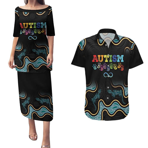 Australia Autism Awareness 4 April Aboriginal Lizard Couples Matching Puletasi and Hawaiian Shirt