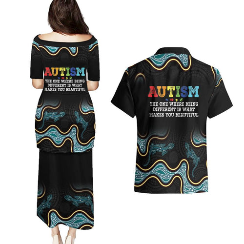 Australia Autism Awareness 4 April Aboriginal Lizard Couples Matching Puletasi and Hawaiian Shirt