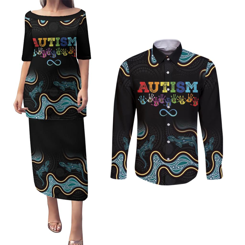 Australia Autism Awareness 4 April Aboriginal Lizard Couples Matching Puletasi and Long Sleeve Button Shirt