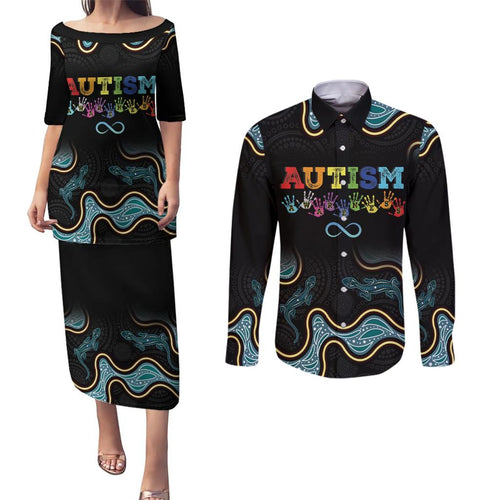 Australia Autism Awareness 4 April Aboriginal Lizard Couples Matching Puletasi and Long Sleeve Button Shirt