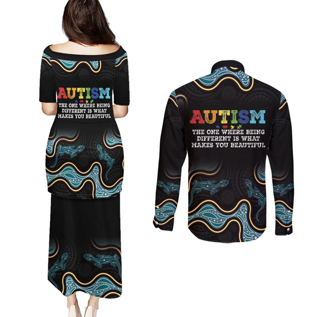 Australia Autism Awareness 4 April Aboriginal Lizard Couples Matching Puletasi and Long Sleeve Button Shirt