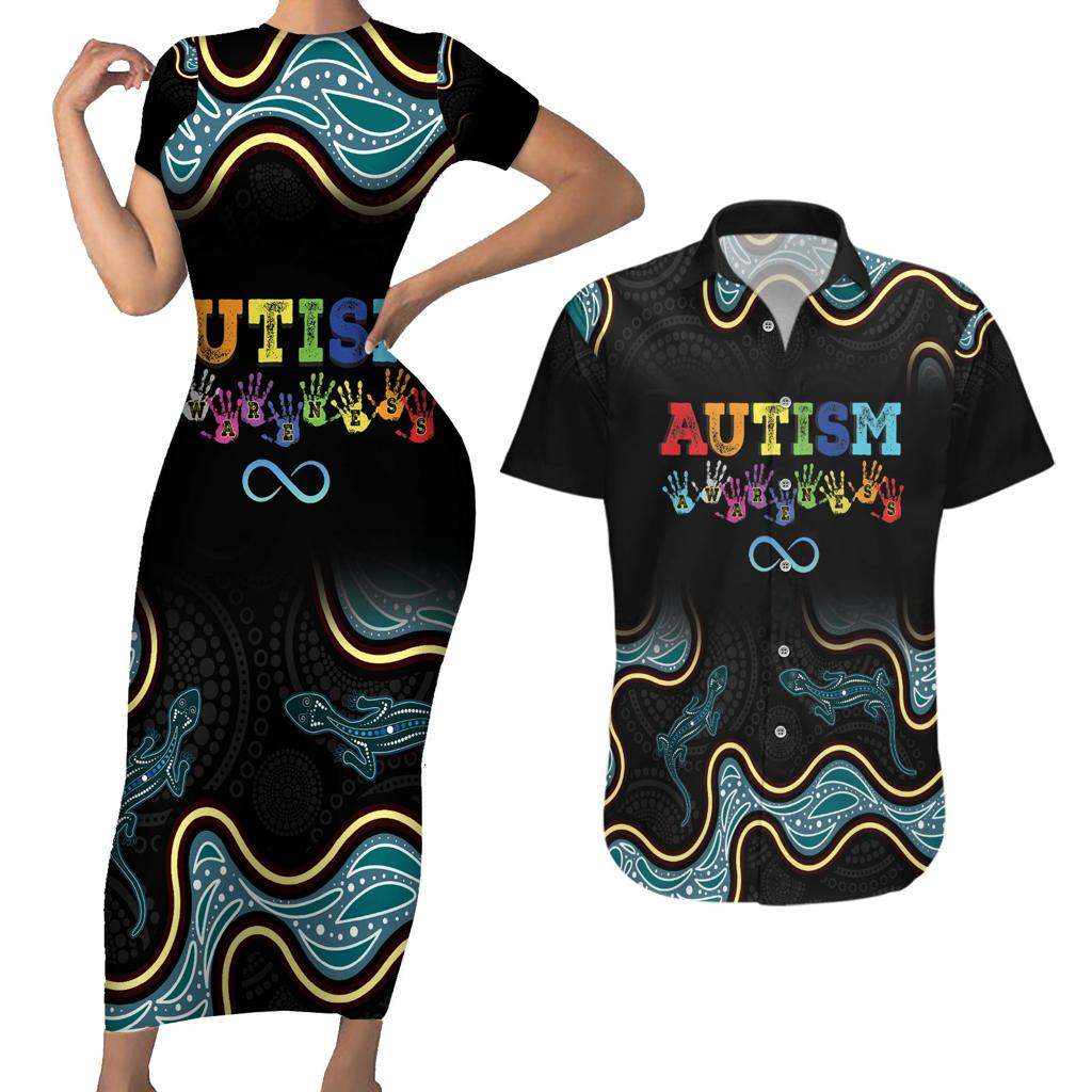 Australia Autism Awareness 4 April Aboriginal Lizard Couples Matching Short Sleeve Bodycon Dress and Hawaiian Shirt