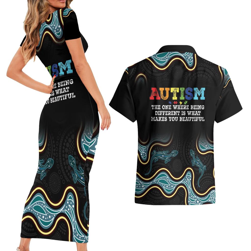 Australia Autism Awareness 4 April Aboriginal Lizard Couples Matching Short Sleeve Bodycon Dress and Hawaiian Shirt