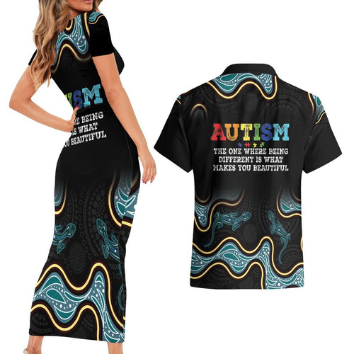 Australia Autism Awareness 4 April Aboriginal Lizard Couples Matching Short Sleeve Bodycon Dress and Hawaiian Shirt