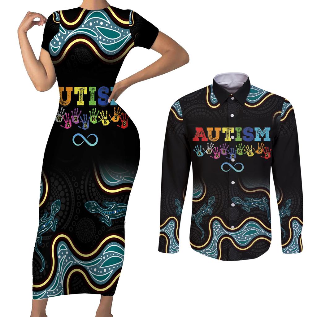 Australia Autism Awareness 4 April Aboriginal Lizard Couples Matching Short Sleeve Bodycon Dress and Long Sleeve Button Shirt