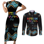 Australia Autism Awareness 4 April Aboriginal Lizard Couples Matching Short Sleeve Bodycon Dress and Long Sleeve Button Shirt