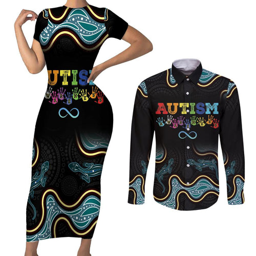 Australia Autism Awareness 4 April Aboriginal Lizard Couples Matching Short Sleeve Bodycon Dress and Long Sleeve Button Shirt