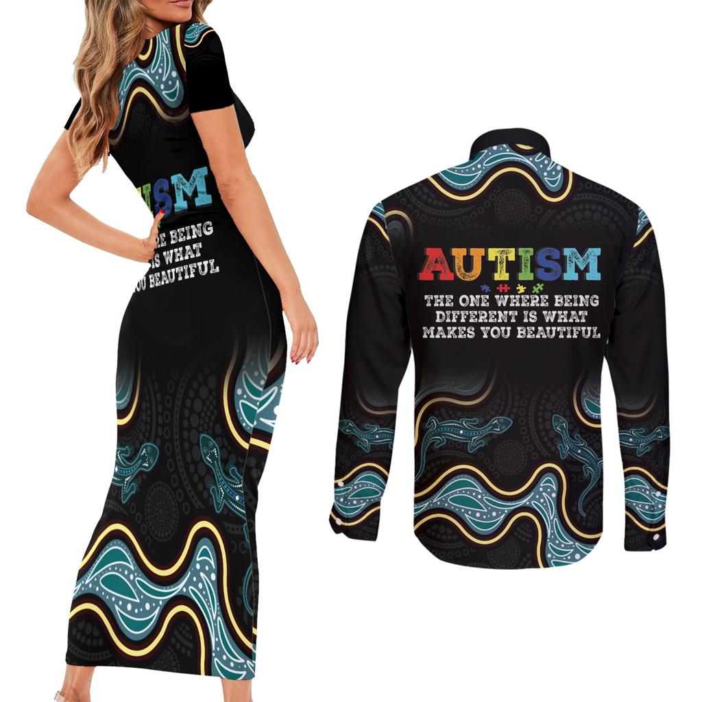 Australia Autism Awareness 4 April Aboriginal Lizard Couples Matching Short Sleeve Bodycon Dress and Long Sleeve Button Shirt