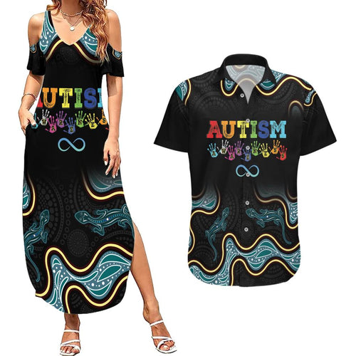 Australia Autism Awareness 4 April Aboriginal Lizard Couples Matching Summer Maxi Dress and Hawaiian Shirt