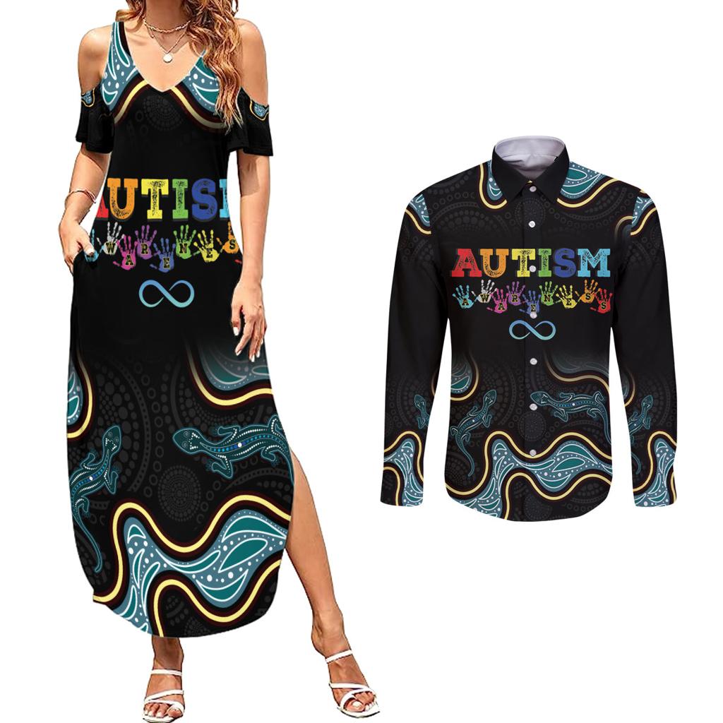 Australia Autism Awareness 4 April Aboriginal Lizard Couples Matching Summer Maxi Dress and Long Sleeve Button Shirt