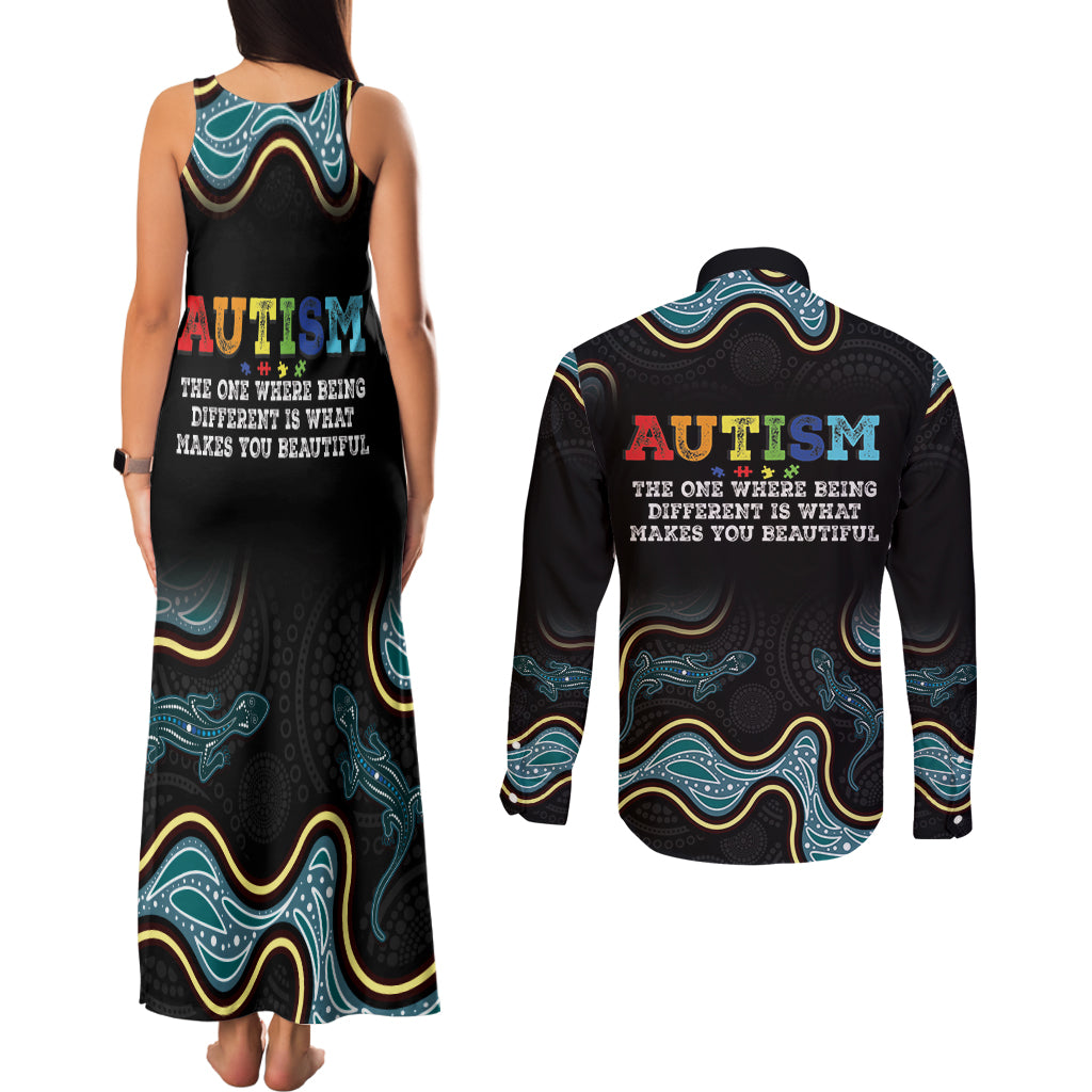Australia Autism Awareness 4 April Aboriginal Lizard Couples Matching Tank Maxi Dress and Long Sleeve Button Shirt