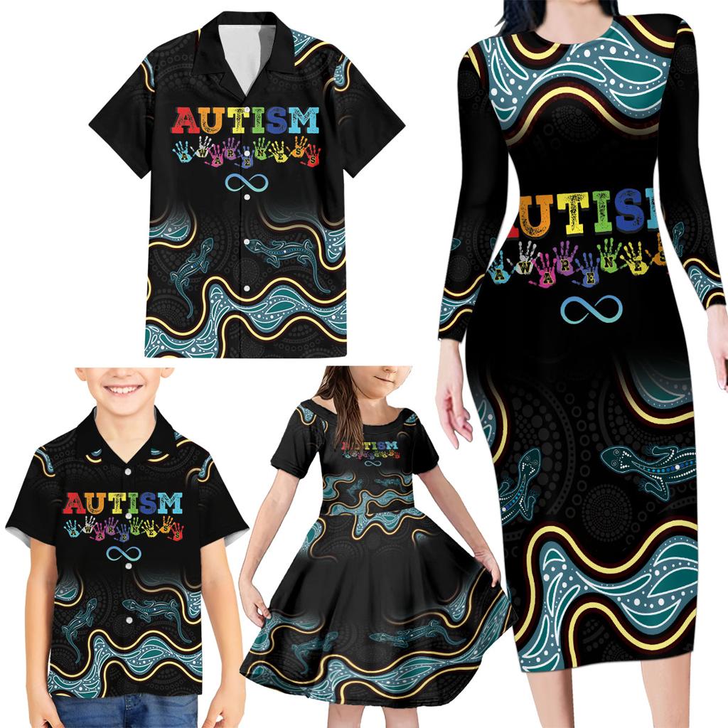 Australia Autism Awareness 4 April Aboriginal Lizard Family Matching Long Sleeve Bodycon Dress and Hawaiian Shirt