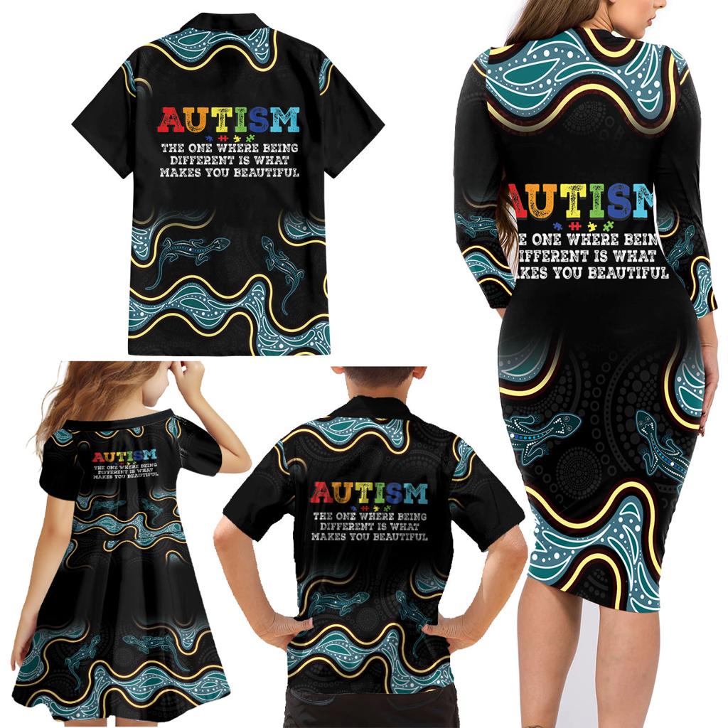 Australia Autism Awareness 4 April Aboriginal Lizard Family Matching Long Sleeve Bodycon Dress and Hawaiian Shirt