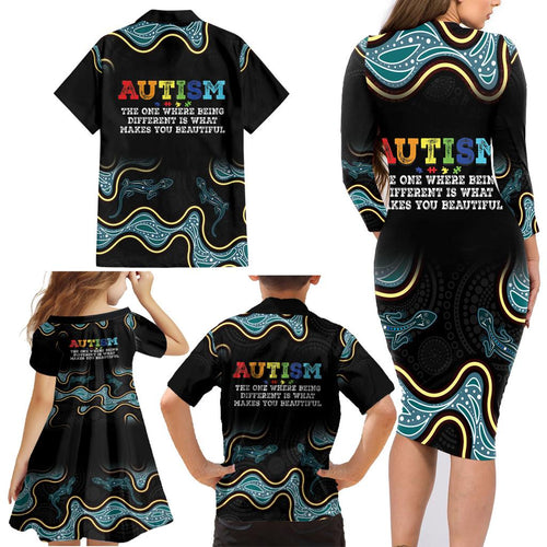 Australia Autism Awareness 4 April Aboriginal Lizard Family Matching Long Sleeve Bodycon Dress and Hawaiian Shirt