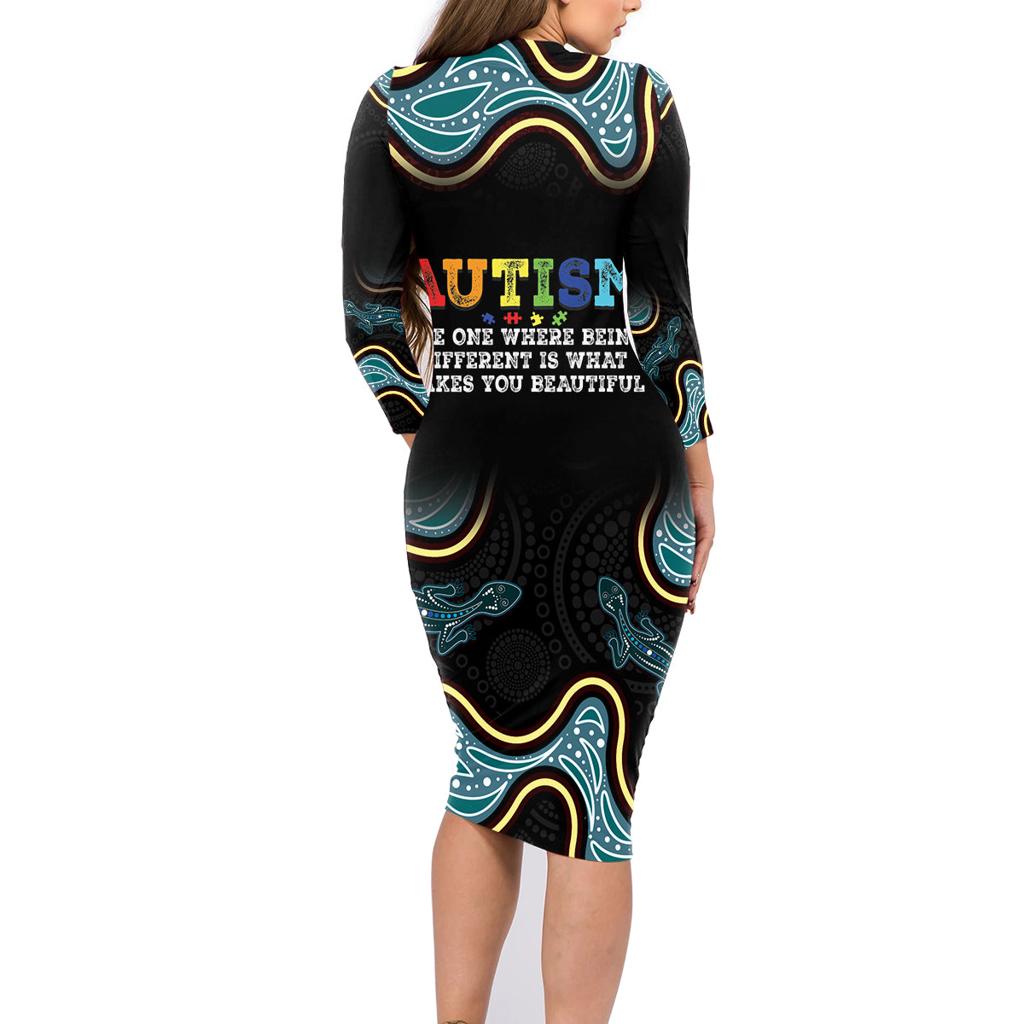 Australia Autism Awareness 4 April Aboriginal Lizard Family Matching Long Sleeve Bodycon Dress and Hawaiian Shirt